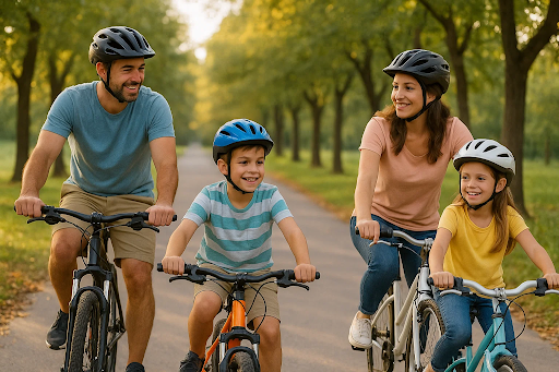 A family riding bicycles together outdoors, highlighting cycling as a healthy activity that may lower dementia risk and support brain health.