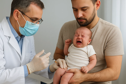 Pediatrician administering hepatitis B vaccine to a newborn baby in a hospital