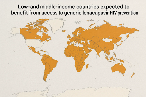 “Map highlighting low- and middle-income countries expected to benefit from access to generic lenacapavir for HIV prevention.”