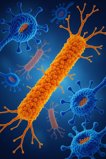 A scientific illustration showing orange-colored abnormal tau proteins forming tangles that disrupt microtubule structures in nerve cells, linked to Alzheimer’s disease progression.
