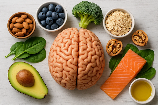 Illustration of a brain surrounded by healthy foods linked to improved memory and cognition.