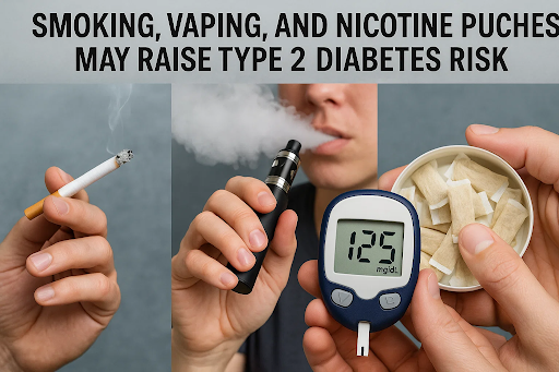 Hands holding a cigarette, a vape device, and a container of nicotine pouches, with a glucose meter reading 125 mg/dL, highlighting diabetes risk.