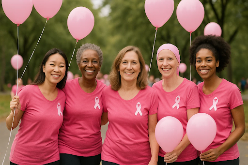 Group of women at a breast cancer awareness walk holding pink balloons.