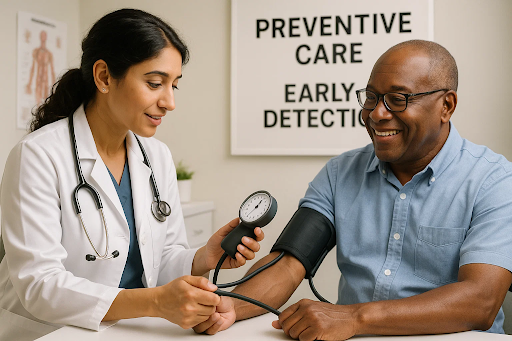“Doctor taking a patient’s blood pressure during a routine health screening — representing preventive care and early detection.”