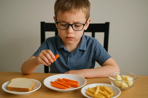 child with ARFID sitting at a dining table carefully choosing from a few familiar foods use real life images