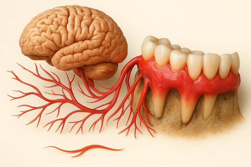 Close-up of teeth and gums with brain outline overlay, illustrating the connection between oral health and brain disease risk.