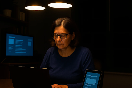 A middle-aged woman sitting at her desk at home, working late on a laptop under bright overhead lights, representing the health risks of nighttime light exposure linked to heart disease and disrupted circadian rhythms.