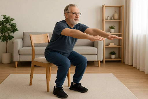 Older adult doing chair squats at home.