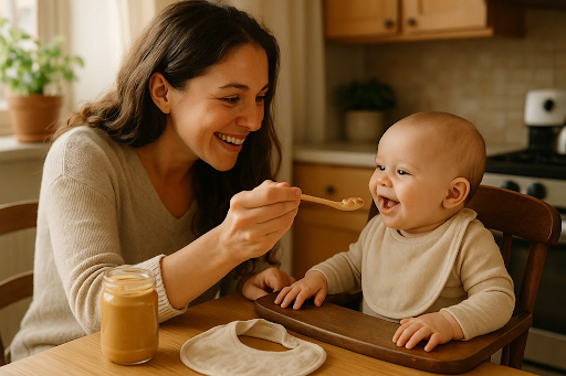 “Mother feeding baby a small spoonful of peanut butter puree, symbolizing early allergy prevention.”