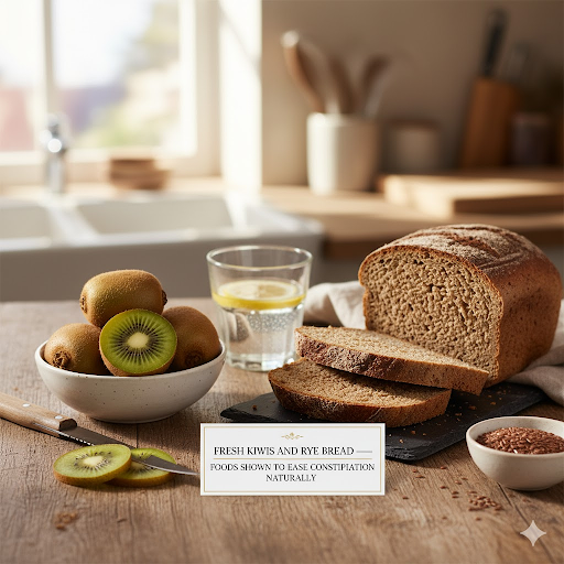 "Fresh kiwis and slices of rye bread displayed on a table, highlighting natural dietary options that help relieve chronic constipation."