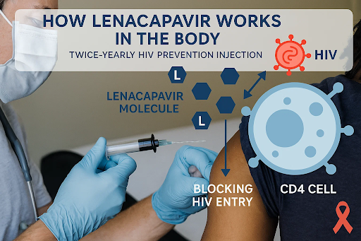 Illustration showing how lenacapavir, a twice-yearly injectable HIV prevention drug, blocks HIV from entering immune cells in the body.