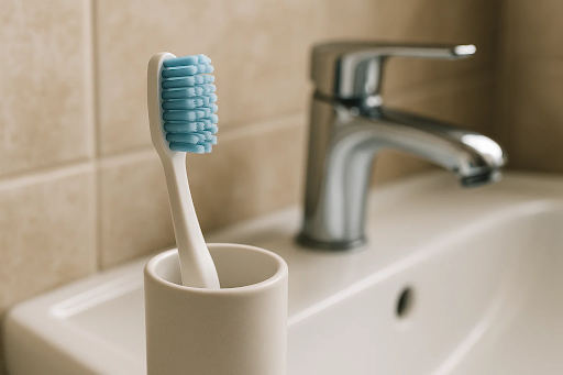 Close-up of a toothbrush standing near a bathroom sink — highlighting hygiene and bacteria prevention.