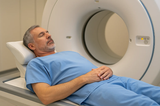 Male patient preparing for MRI scan to monitor prostate cancer progression