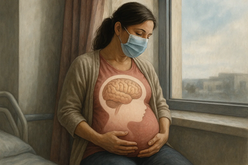 A pregnant woman wearing a protective mask sitting near a window, gently holding her belly, symbolizing concerns over COVID-19 infection during pregnancy and its link to children’s neurodevelopment.