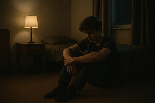 A teenager sitting alone in a dimly lit room, symbolizing rising youth mental health struggles and global mortality trends.