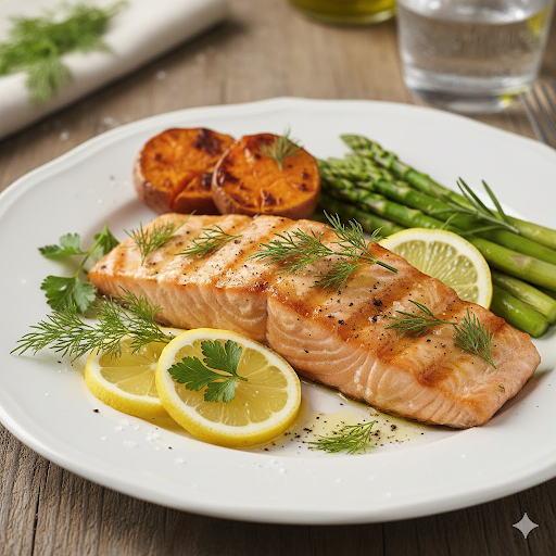 Grilled salmon fillet with lemon and herbs served on a plate — a heart-healthy meal rich in omega-3s.