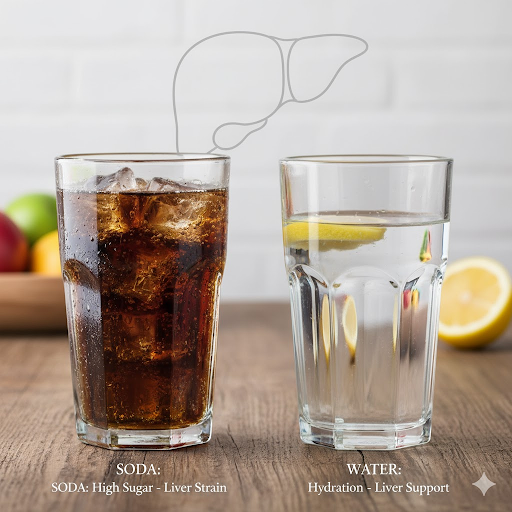 Glass of soda beside water glass – illustrating soda vs. water choice for liver health