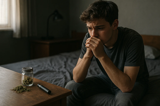 A teenage boy sitting alone in his bedroom at night, looking distressed beside a small pile of marijuana buds and a vape pen — representing early cannabis use and its long-term health consequences.