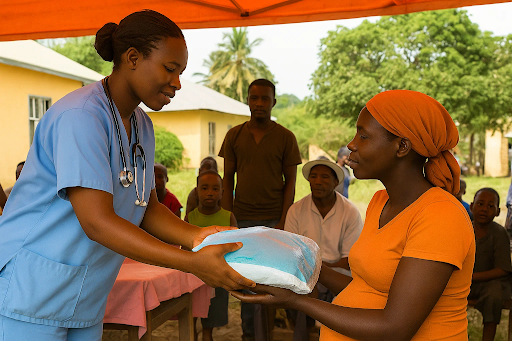 “Health worker holding mosquito nets at an African clinic, symbolizing malaria prevention efforts threatened by global funding cuts.”