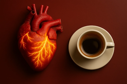 Illustration of a human heart with electrical activity lines showing normal and irregular rhythms next to a coffee cup, representing research linking coffee to reduced A-fib risk.