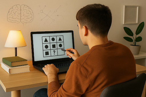 “A middle-aged person sitting at a desk, concentrating on a brain-training puzzle on a laptop, surrounded by books and soft ambient lighting, symbolizing cognitive workouts that support healthy brain aging.”