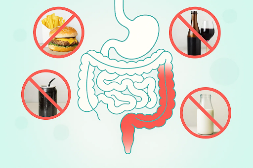 Illustration of digestive system highlighting colon with unhealthy foods crossed out, symbolizing colorectal cancer prevention.
