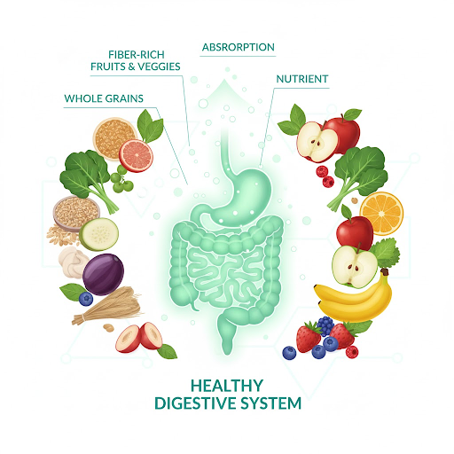 Illustration of healthy foods and a glowing colon representing gut health improvement and colorectal cancer prevention.
