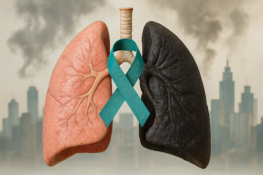 Illustration showing healthy and diseased lungs side by side with a teal awareness ribbon, symbolizing lung cancer awareness and environmental risk factors like air pollution.