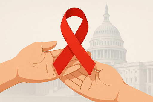 “Two people holding a red ribbon symbolizing HIV/AIDS awareness, representing news about the U.S. ending federal recognition of World AIDS Day.”