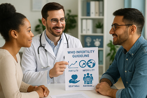 Diverse couple receiving fertility care consultation from WHO-guided healthcare provider, promoting equity and access.