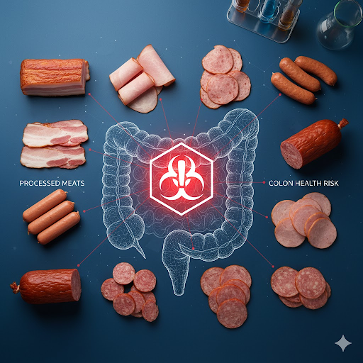Illustration of processed meats like bacon and sausages beside a colon diagram with a red hazard sign, representing colorectal cancer risk.