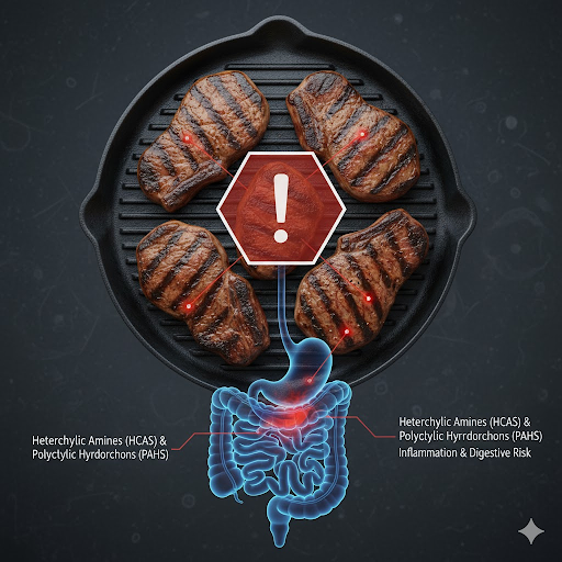 Illustration showing grilled red meat beside a red warning sign over a digestive system diagram, representing colorectal cancer risk from red meat.