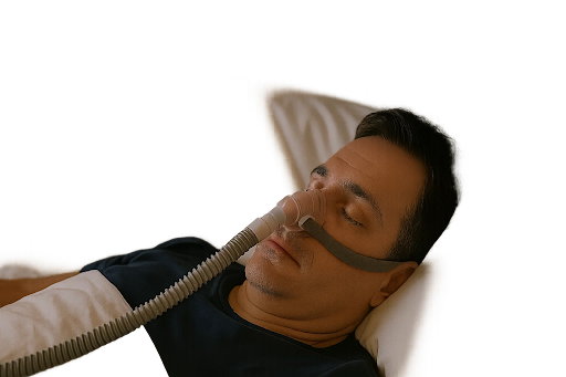 A person sleeping with a CPAP machine beside the bed