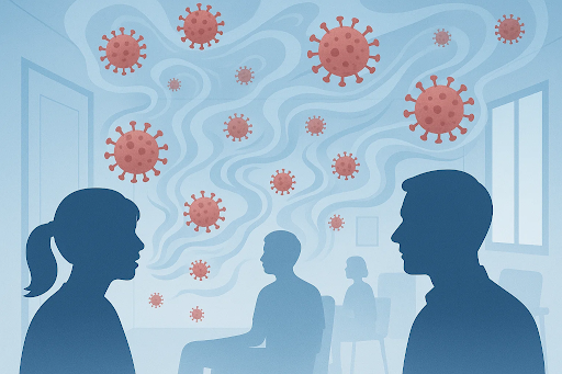 Illustration of COVID-19 particles spreading through the air as people interact indoors, highlighting airborne transmission.