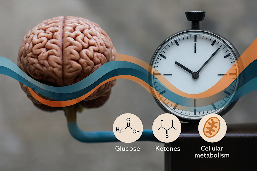 Scientific illustration showing a clock and brain connected by energy pathways, symbolizing how fasting affects cognitive performance and metabolism.