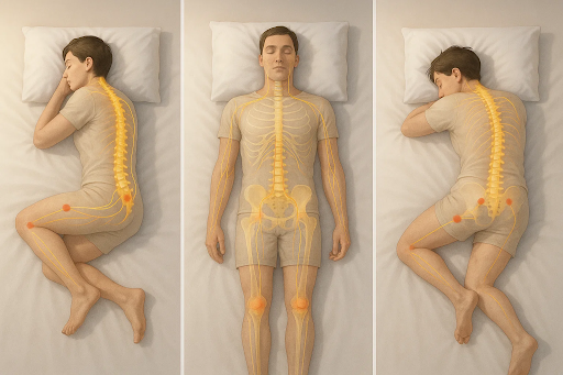 A person sleeping on their side in bed with a pillow, showing proper spinal alignment and a relaxed posture to illustrate healthier sleep positions.