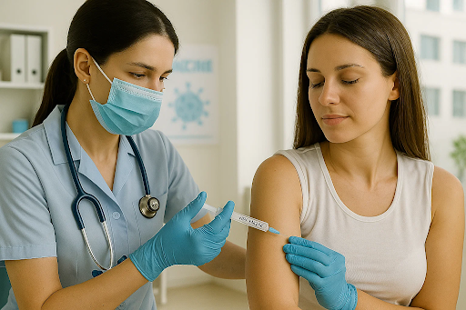 Woman receiving an HPV vaccine injection in a clinical setting, representing proven safety and effectiveness in reducing cervical cancer risk.