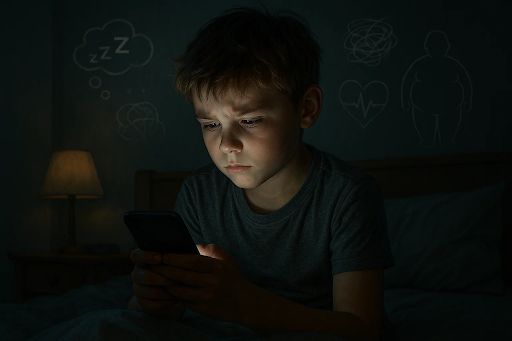 A young child sitting on a bed at night illuminated by a smartphone screen, representing mental health and sleep risks linked to early smartphone ownership.