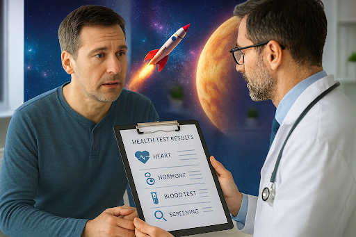 Middle-aged man at a doctor’s visit discussing routine health screenings, with medical charts and test results visible on a clipboard.
