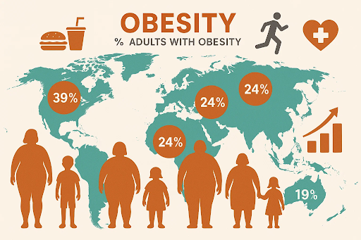 Illustration of global obesity statistics with world map, BMI charts, and diverse people representing rising obesity rates worldwide.