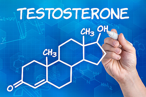 “Hand drawing the chemical structure of testosterone on a blue scientific background with the word ‘TESTOSTERONE’ displayed above.”