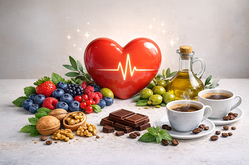 Illustration of heart-healthy foods like berries, olive oil, nuts, and coffee, highlighting polyphenol-rich diets linked to improved cardiovascular health