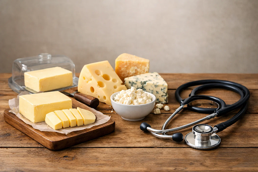 Butter and cheese on a table alongside a stethoscope, illustrating research on saturated fat and heart health