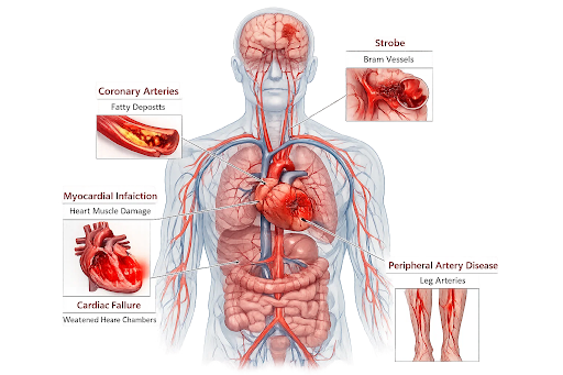 Medical illustration of five deadliest heart conditions including coronary artery disease affecting millions of Americans