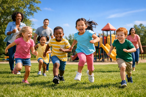 “Children playing and running in a park, showing how early physical activity builds lifelong health and healthy habits.”