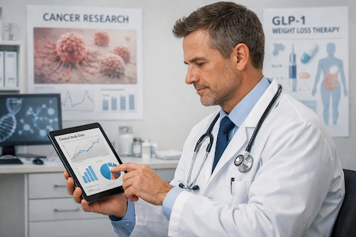 “Doctor reviewing medical research on GLP-1 weight-loss medications and cancer risk on a digital tablet.”