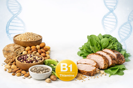 “Illustration showing the digestive system with vitamin B1–rich foods and genetic elements, representing research linking thiamine to bowel movement frequency.”