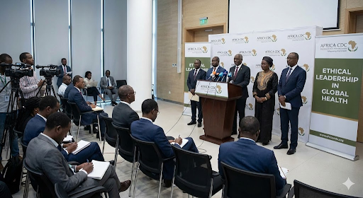 “Africa CDC officials addressing the media about the cancellation of a controversial hepatitis B vaccine study involving newborns in Guinea-Bissau.”