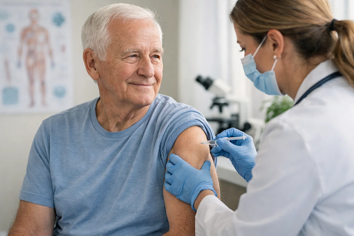 Older adult receiving a shingles vaccine, symbolizing protection and healthier biological aging