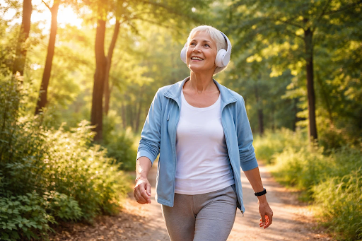 Older adult walking outdoors while listening to music and smiling, representing daily habits that support brain health and slow aging.